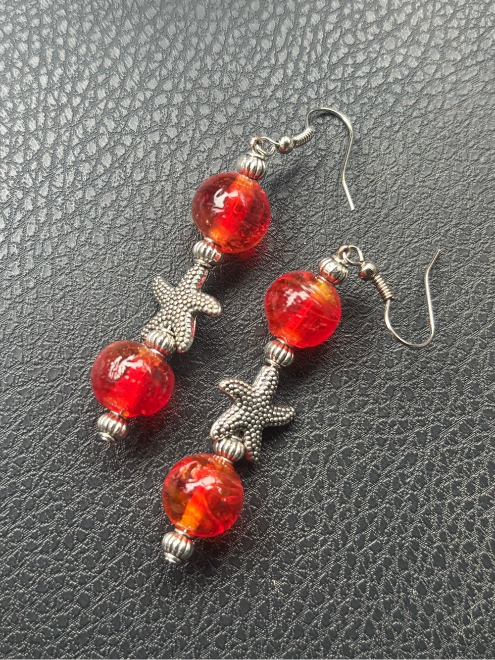 Handmade Red Glass Bead Starfish Drop Earrings